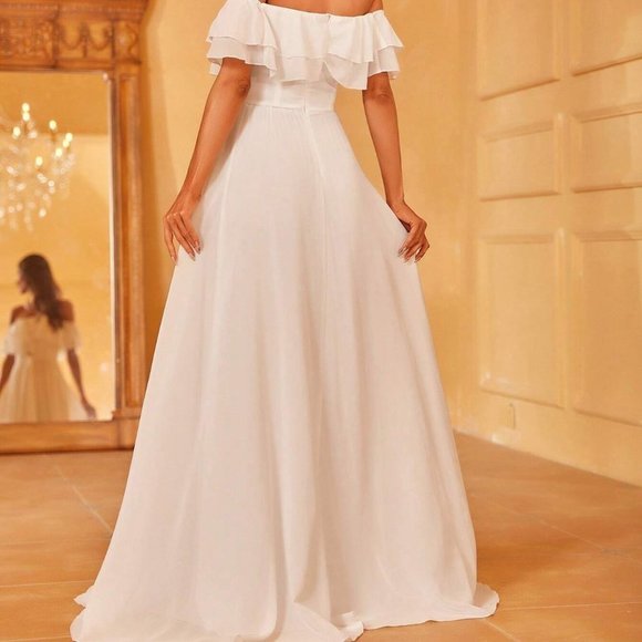 White Boho Womens Off Shoulder Ruffle Trim Chiffon Wedding Dress - Picture 2 of 4